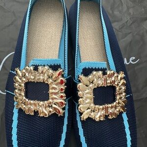 Chic Navy and Gold Loafers with Crystal Detail